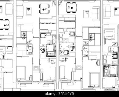 Detailed black and white floor plan of a spacious home interior, featuring a kitchen, living room, and dining area within its clean contour layout. To Stock Vector
