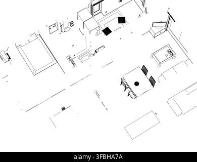 A minimalist black and white contour drawing of a furnished apartment interior, featuring tables, chairs, and various objects on the floor. Stock Vector