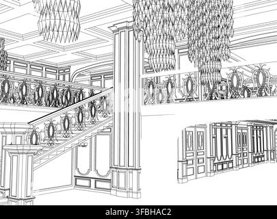 A detailed mansion staircase contour sketch features grand railings, hanging chandeliers, and pillars with doors. This furnished interior Stock Vector