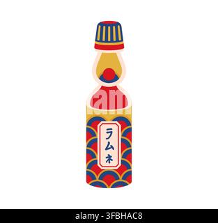 Ramune soda bottle summer festival of Japan, matsuri holiday icon. Glass flask of beverage drink decorated with traditional Japanese seigaiha wave pattern in red, blue or gold colors and capped neck Stock Vector