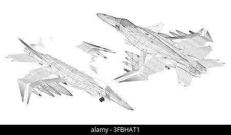 Two black and white fighter jets fly in formation against a clean white background, creating a striking 3D effect. The military aircraft are armed wit Stock Vector