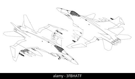 Two fighter jets fly side by side in detailed black and white sketch art, featuring wings, engines, and tail fins. This military aircraft coloring pag Stock Vector