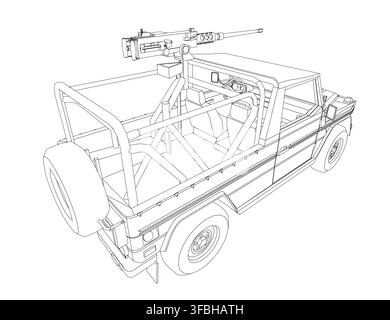 Detailed black and white contour sketch of a military truck featuring a mounted machine gun. The technical drawing emphasizes clean lines and mechanic Stock Vector