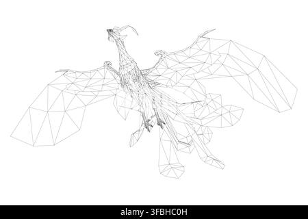 A low poly dragon design with a wireframe aesthetic, composed of geometric shapes and clean lines on a white background. This intricate illustration r Stock Vector