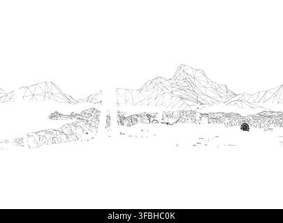 A low, intricate bridge spans a valley with the Alps in the background. This black and white line drawing uses geometric shapes against a stark white Stock Vector