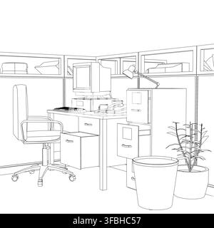 A retro office cubicle features a wooden desk with a computer, telephone, and lamp. The workspace includes a chair, filled cupboards, and a potted pla Stock Vector