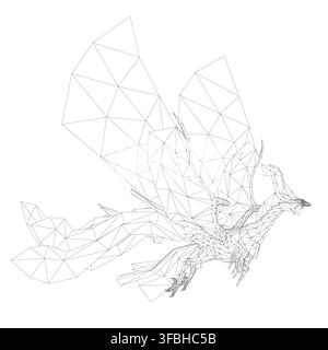 A majestic low poly phoenix with wings spread wide, featuring intricate wireframe details and a powerful stance against a clean white background. Stock Vector