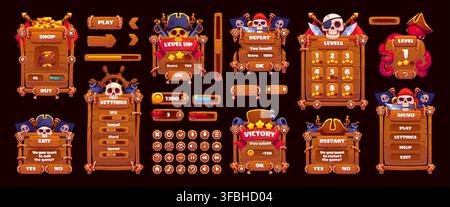 Pirate and corsair game UI menu interface, app window and buttons, loading bar panels. Cartoon wood board frames of game UI menu windows with pirate skulls, black flags and hats, treasure gold, swords Stock Vector
