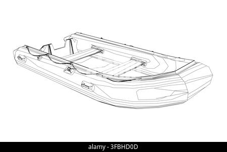 Detailed sketch of an inflatable rescue boat contour on a clean white background, highlighting the rubber hull and sail structure for emergency prepar Stock Vector