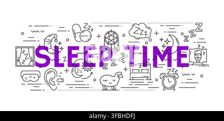 Sleep line icons, bedtime banner featuring insomnia, relaxation, dreams, medication, and wellness linear signs for healthcare, sleep therapy, medical education, wellness campaigns, bedtime routines Stock Vector