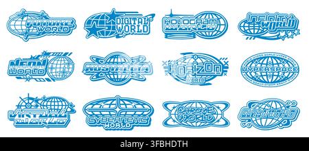 Y2k globe element icons. Vector set of futuristic world themed emblems with bold blue line art and globe motifs. Digital, cybernetic, hyperspace and neon world badges for sci fi, tech, or vr branding Stock Vector
