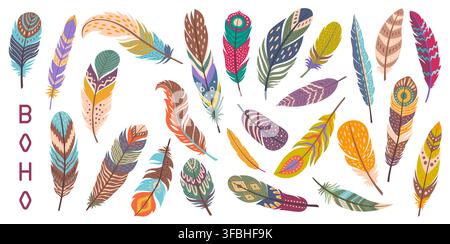 Boho and ethnic native indigenous tribal bird feathers, bohemian quill accessory. Cartoon american indian art feathers set with boho pattern of vibrant color fantasy shapes, hippie tattoo and print Stock Vector