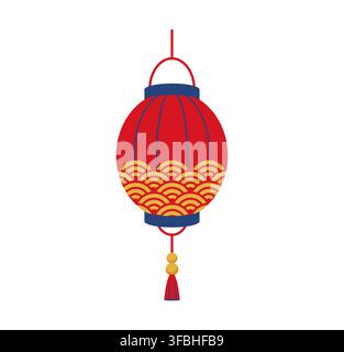 Chinese Lunar New Year red paper lantern with Seigaiha wave patterns and tassel. Traditional cartoon hanging summer festival of Japan, Japanese matsuri holiday icon. Asian festival lamp decoration Stock Vector