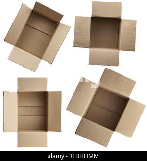 Open empty brown rectangular and square cardboard boxes for transporting goods isolated on white background. Packaging design Stock Photo