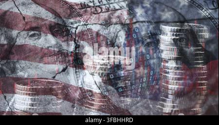 A conceptual image that superimposes elements of the US flag, dollars and binary code to symbolize economic or financial problems Stock Photo