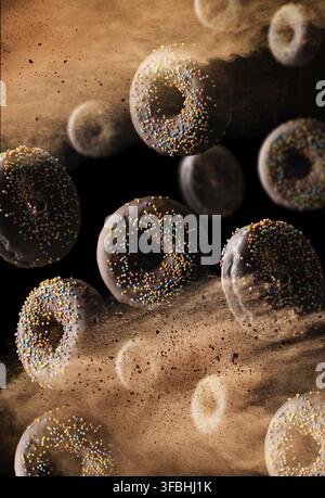 Chocolate round donuts with multicolored sugar sprinkles levitate in a cloud of brown cocoa on a black background. Powder flies up Stock Photo