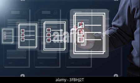 A man with a marker is checking and analyzing virtual documents. Paperless circulation of documents, remote control Stock Photo