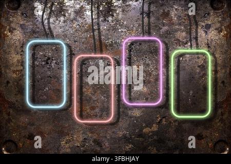 Neon glowing multicolored frames hanging on rusty brown background, four lamps, sale Stock Photo