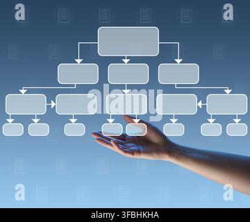 Automate business processes and workflows using flowcharts. Reduction of time for processing processes. Woman's hand on a blue background Stock Photo