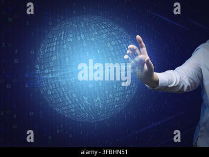 Woman stands in front of a virtual screen with a binary code. Data verification, device and network control. Data protection, search for information l Stock Photo
