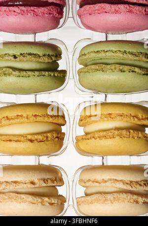 Macarons in plastic box on isolated background, top view Stock Photo