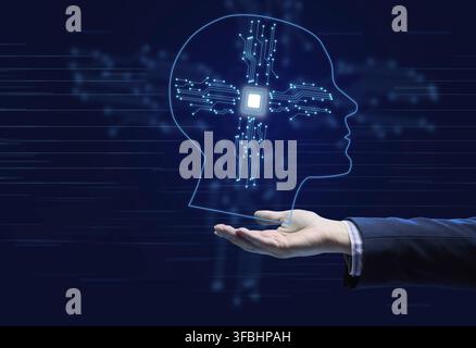 The concept of teaching artificial intelligence to various tasks, replacing human mental labor. Above the female hand is a luminous hologram of the he Stock Photo