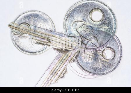 Double exposure keys on a white background UK Stock Photo