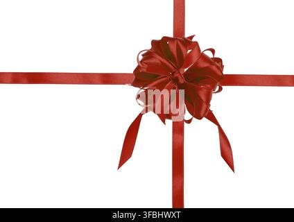 Red silk ribbon bow and cross ribbons on isolated background, gift wrapping Stock Photo