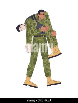 Military evacuation training fireman carry 2D vector illustration Stock Vector