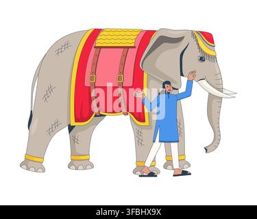 Decorated Indian elephant with mahout 2D cartoon characters Stock Vector