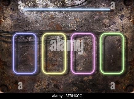 Neon glowing multicolored frames hanging on rusty brown background, four lamps, sale Stock Photo