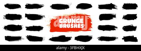 Graffiti ink grunge stain shapes of black smudge spray or paint brush and dirty paintbrush stroke elements set. Grunge paint brush lines or brushstroke smears of black watercolor effect smudges set Stock Vector