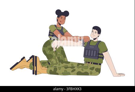 Military medical training and first aid assistance 2D vector illustration Stock Vector