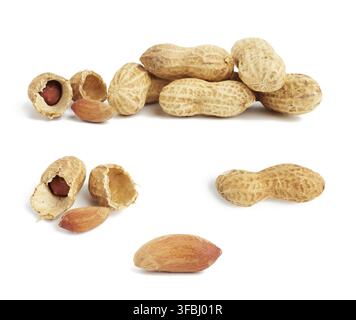 Heap of peanuts in shell and broken, food isolated on white background, set Stock Photo