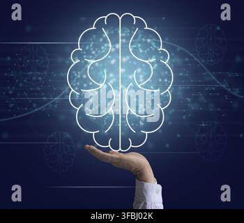 Schematic icon of human brain and male hand on a blue background. Artificial intelligence concept, new ideas Stock Photo