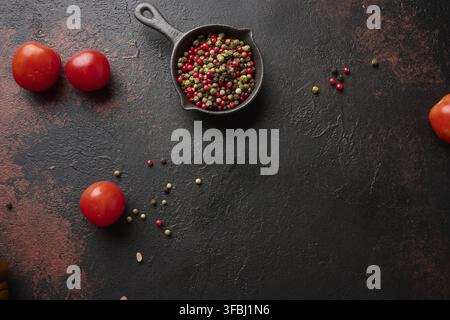 Culinary composition with kitchen utensils and spices, colorful peppercorns, fresh tomatoes on the table. Top view Stock Photo