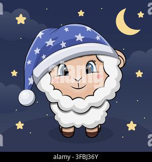 Cute cartoon Sheep with nightcap. Night vector illustration with animal and dark blue background with stars and moon. Stock Vector