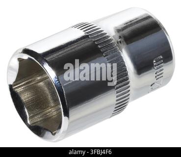 A shiny, chrome plated metal socket wrench head, an essential hand tool, isolated background Stock Photo