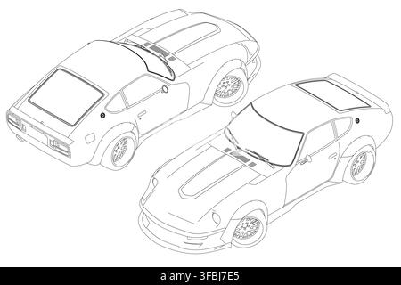 Two classic vintage cars in black contour outline on white background, featuring detailed headlights, grilles, and sporty wheels. Isometric view Stock Vector