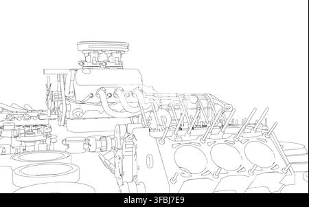 Detailed car engine contour drawing on white background, featuring a disassembled set with visible pistons, valves, and intricate mechanical component Stock Vector