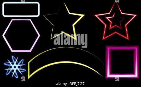 Various neon shapes on a black background. Frames and signs Stock Photo
