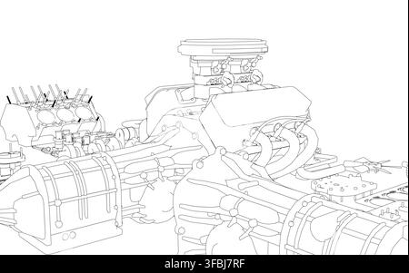 Detailed black and white contour drawing of a disassembled car engine. The technical illustration features pistons, valves, and various mechanical com Stock Vector