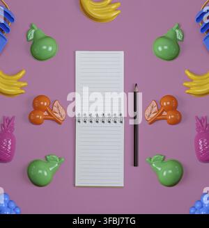 Open notebook with empty white sheets and black wooden pencils on a pink background, top view Stock Photo