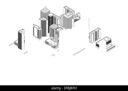 Low poly contour drawing of a city skyline with detailed skyscraper architecture in a black and white geometric style. Isometric view Stock Vector