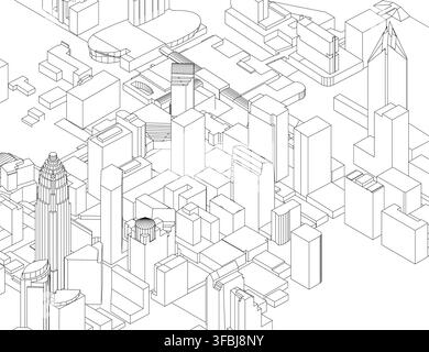 Black and white contour drawing of a detailed cityscape with tall buildings arranged in a grid pattern. The unique structures create a striking contra Stock Vector