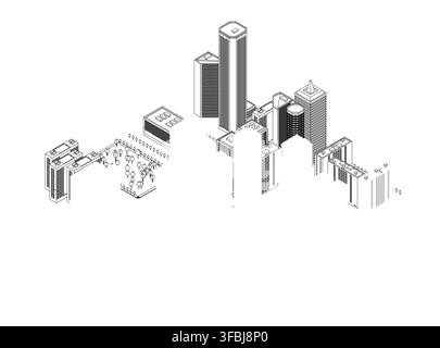 Low poly contour drawing of an isometric city skyline with symmetrical skyscrapers. Central tall building is surrounded by smaller structures in a bus Stock Vector