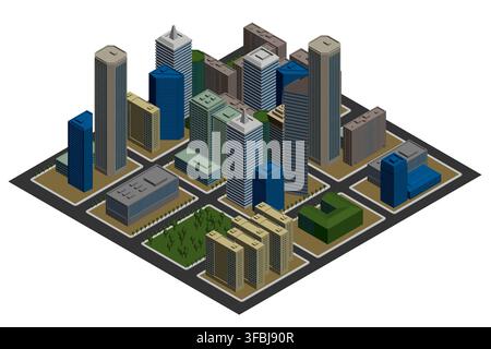 An isometric low poly cityscape features animated tall buildings and trees against a white background. The polygonal art style creates a lively, moder Stock Vector