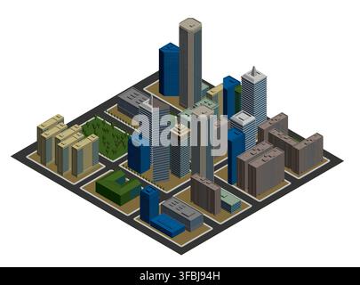 Polygonal cityscape with animated low poly buildings and trees on a white background, creating a dynamic isometric view. Stock Vector
