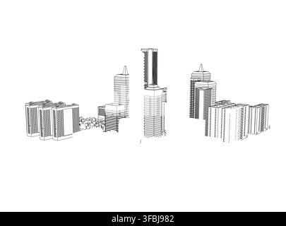A low poly city skyline contour drawing in black and white, featuring tall geometric buildings against a clean white background. Stock Vector