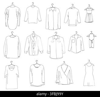 A line drawing of shirts and dresses on a hanger illustrates various clothing styles, including a hoodie and casual shirt. Stock Vector